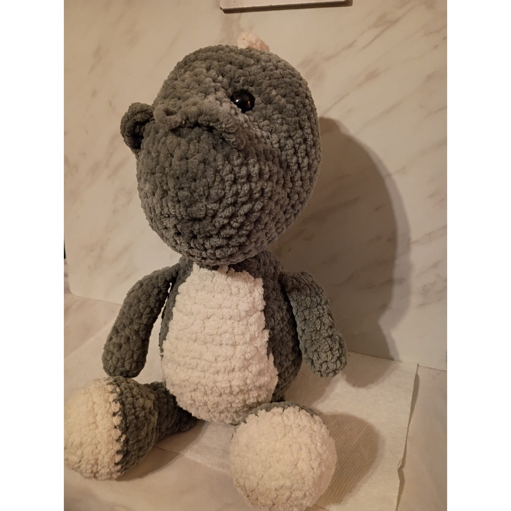 Handmade Crochet Dinosaur Plush Grey Cream Chenille Amigurumi Stuffed Animal Toy
